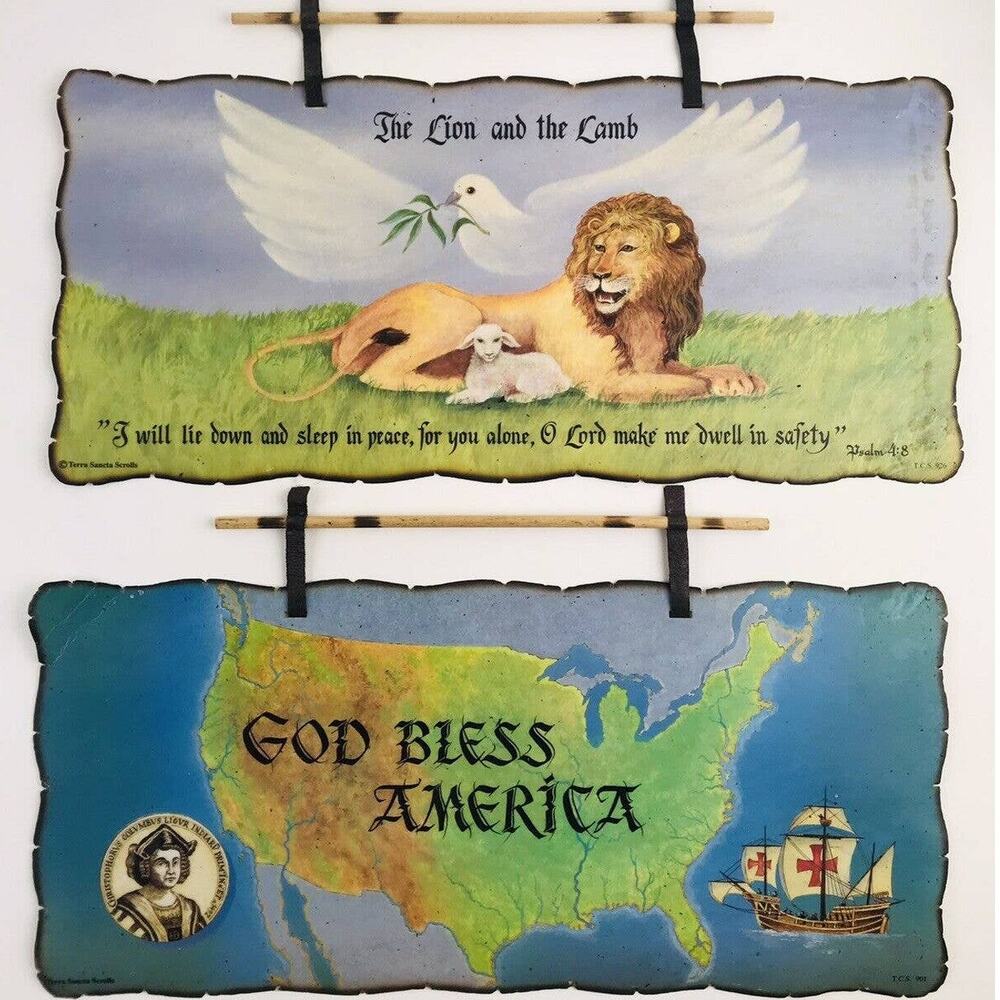 2 Hand made TERRA SANCTA SCROLLS Lion Lamb God Bless America Safety 901 926 Sea